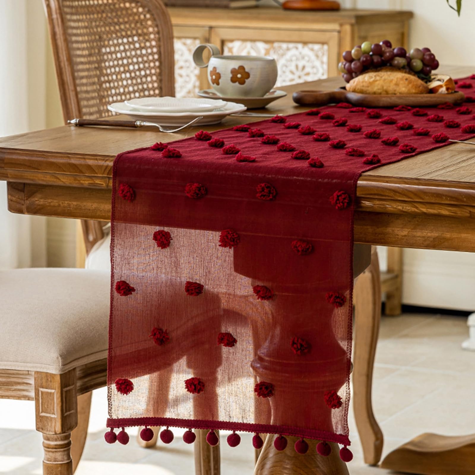 Runner da Tavolo Poliestere 35x270 cm, Runner da Tavola Moderno Lavabile Pizzo con Nappe e Palle di Velluto Decorazioni per Sala da Pranzo Feste, Rosso