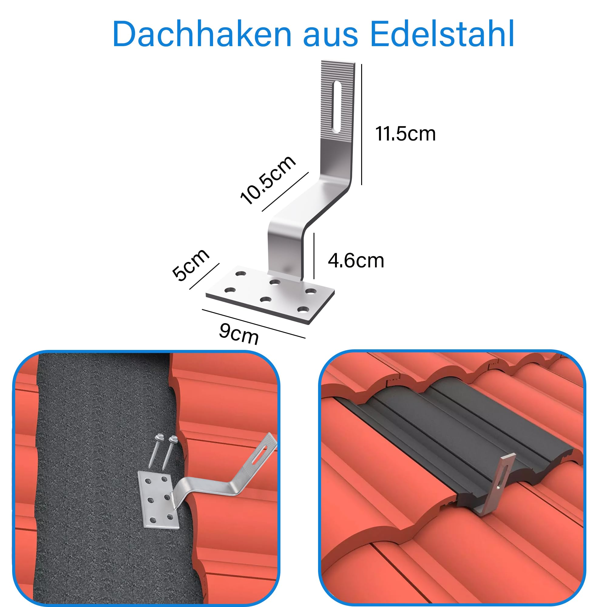 TEOV PV Montageset Ziegeldach Glasziegeldach, Befestigung Solarmodul Halterung mit 30cm Montageschiene und Dachhaken, Solarpanel Halterung mit Endklemme Und Mittelklemme, für 30~35mm 2 Solarmodule