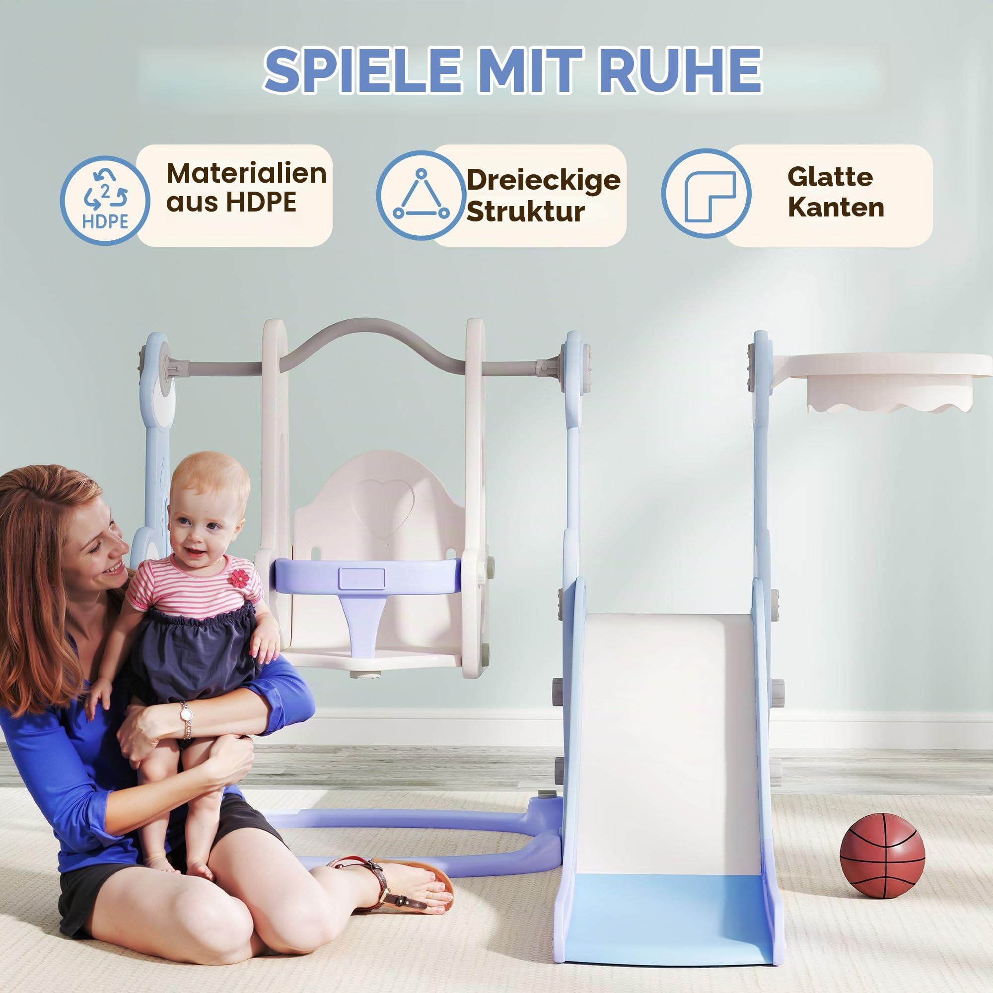 AIYAPLAY Rutsche 4-in-1 Kleinkinderrutsche mit Basketballkorb Hellblau | Klettergerüst, Schaukel, Kinder Spielplatz, Raketendesign, Kinderrutsche, für Outdoor und Indoor, Kinder 1,5-4 Jahren