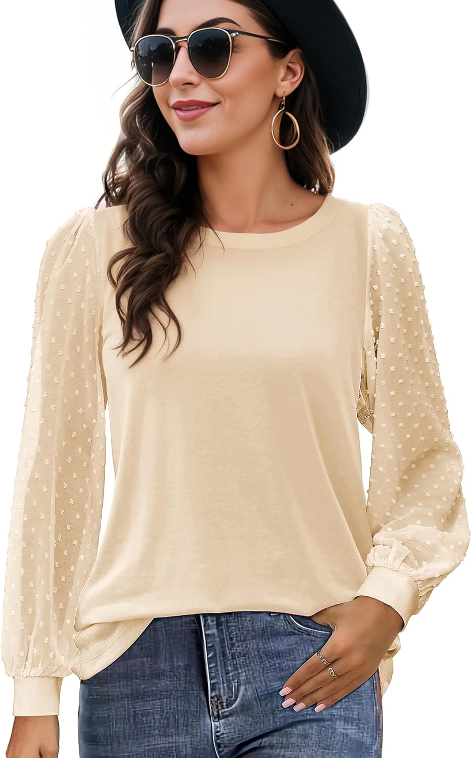 AURUZA Womens Mesh Long Sleeve Shirts Dressy Casual Blouses Tops Balloon Tunic Trendy Crew Neck Clothes Outfits - Image 3