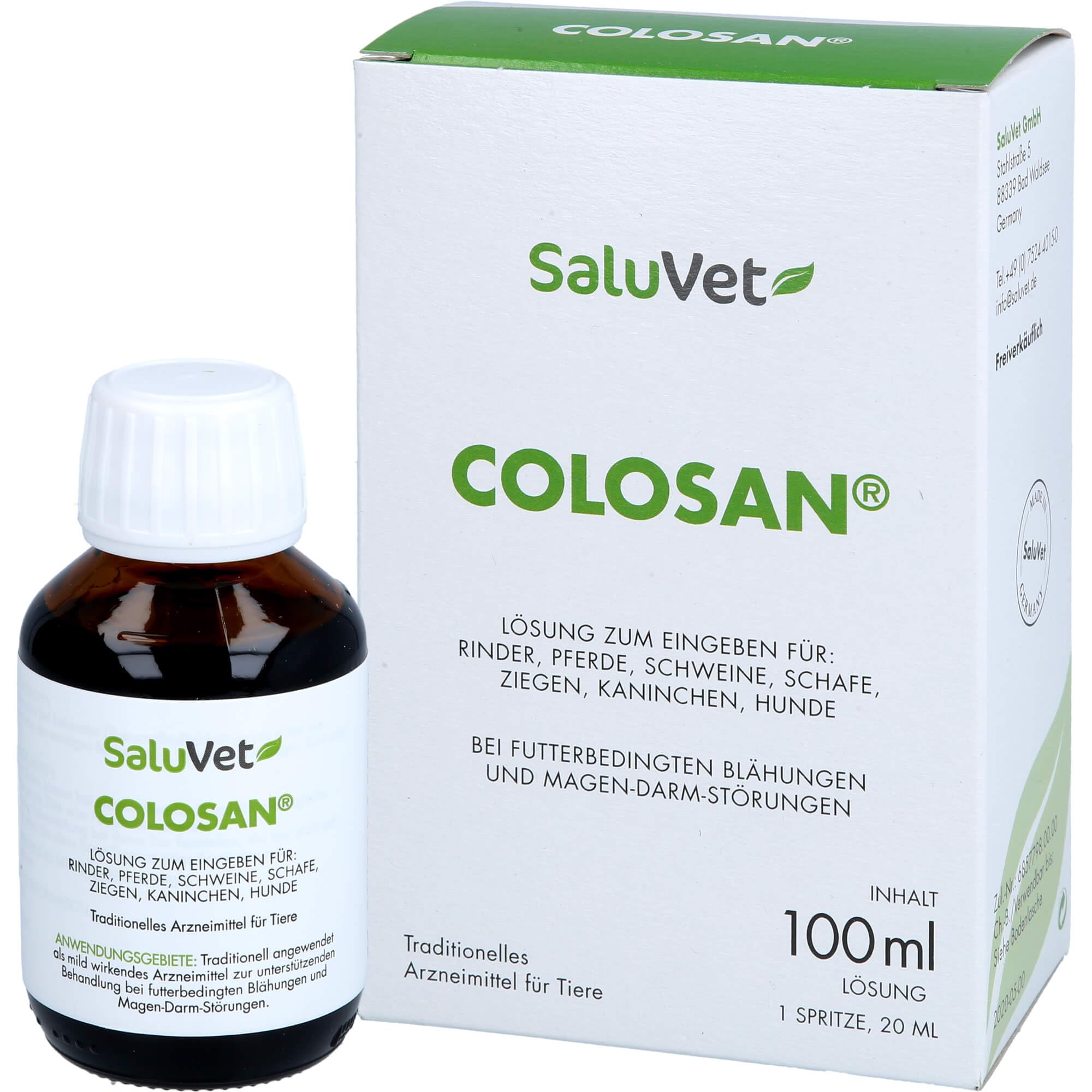 ColoSan | 100 ml | Zugelassenes Arzneimittel für Pferde, Rinder, Schweine, Schafe, Ziegen, Kaninchen und Hunde | Bei futterbedingten Blähungen und Magen-Darm-Störungen