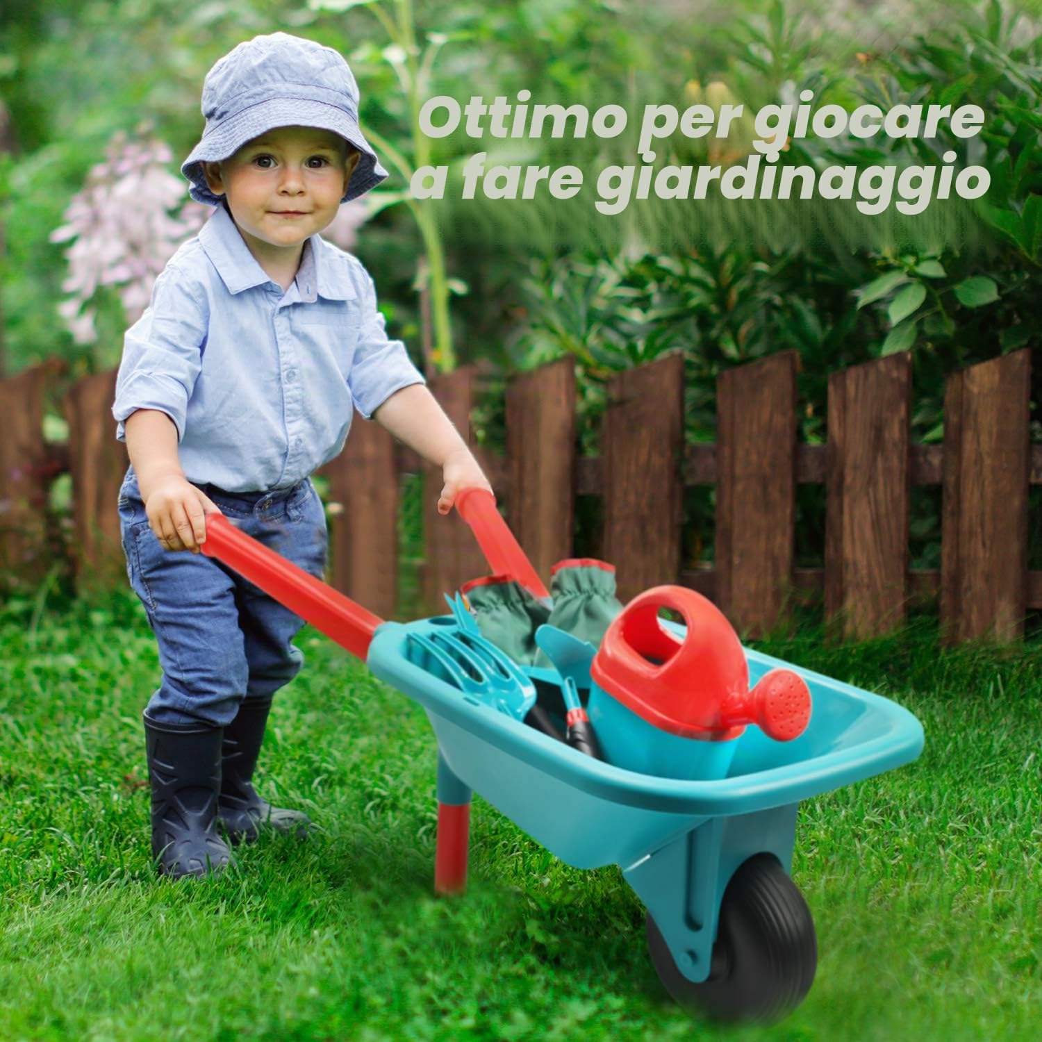 CUTE STONE Carriola Bambini Set attrezzi giardinaggio, giocattoli giardino, guanti, rastrello, pala zappa, regalo