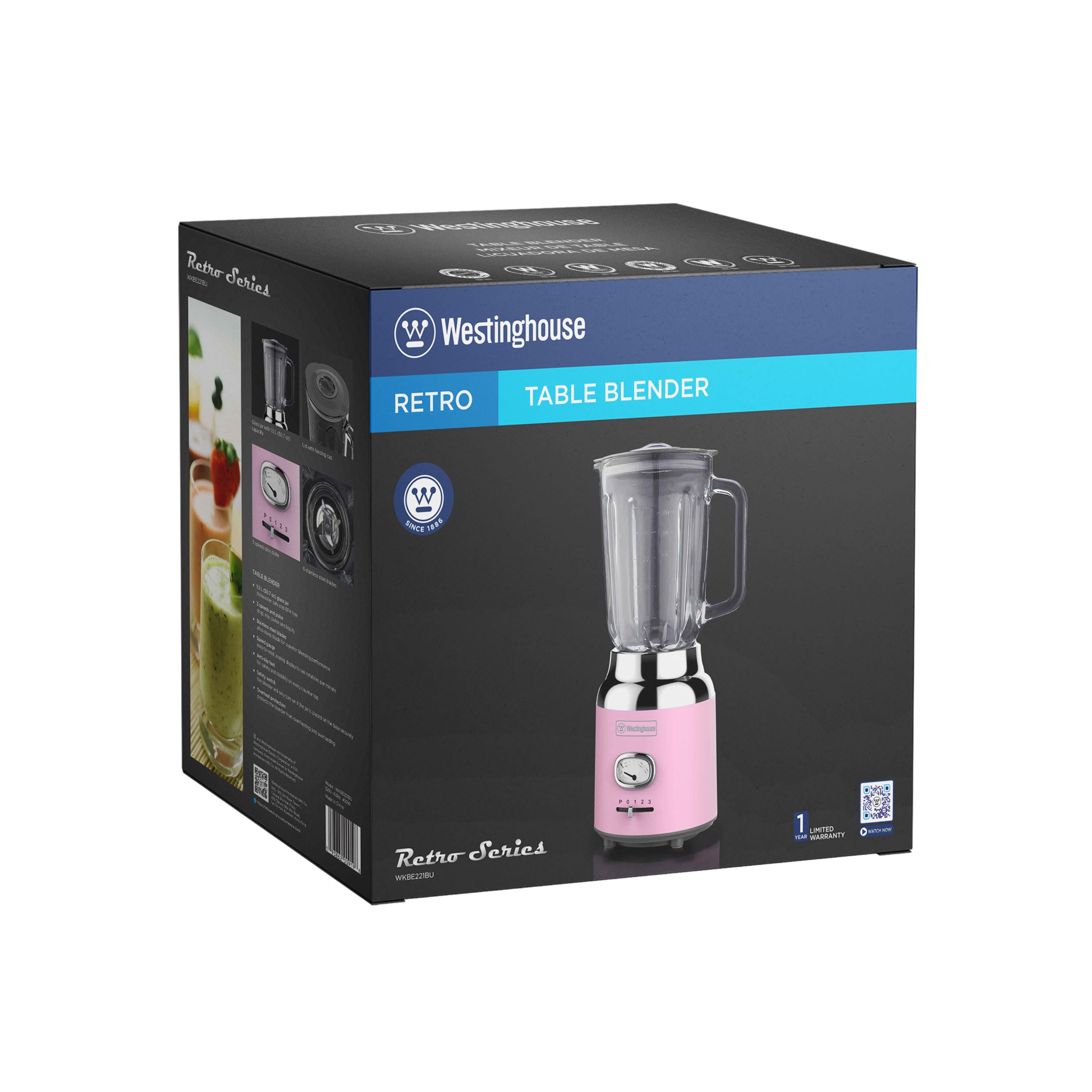 Westinghouse Mikser stojący w stylu retro, 1,5 l, do smoothie i kruszarka do lodów, 4 prędkości, szklany dzbanek, 600 W, różowy