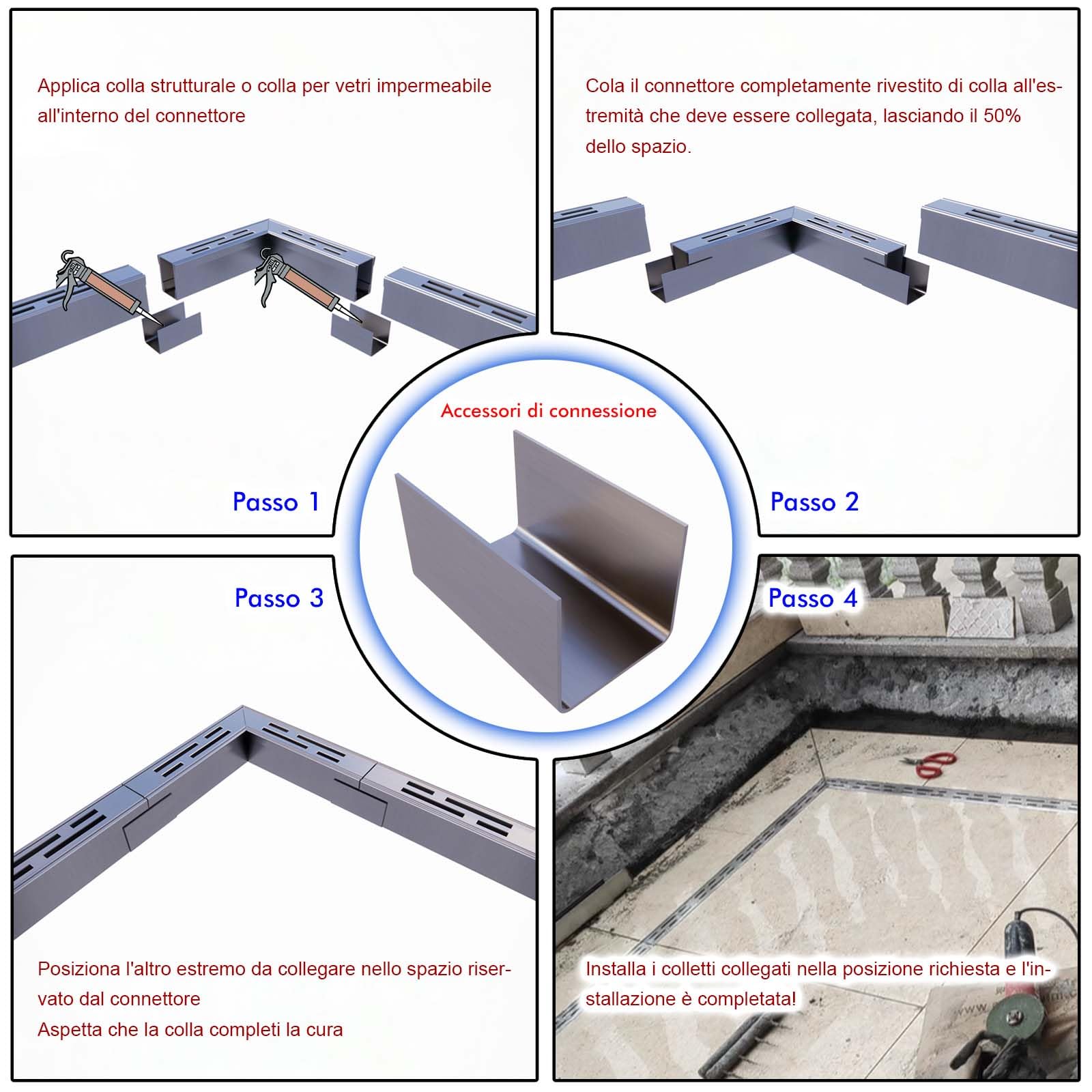 Piccolo Canaletta Scolo Acqua Piovana Acciaio Inox 304, Largo 3,5 cm, Lungo 2 m - Canalina Lineare per Terrazza, Piscina, Marciapiede - Kit con Griglia di Scolo e Connettore