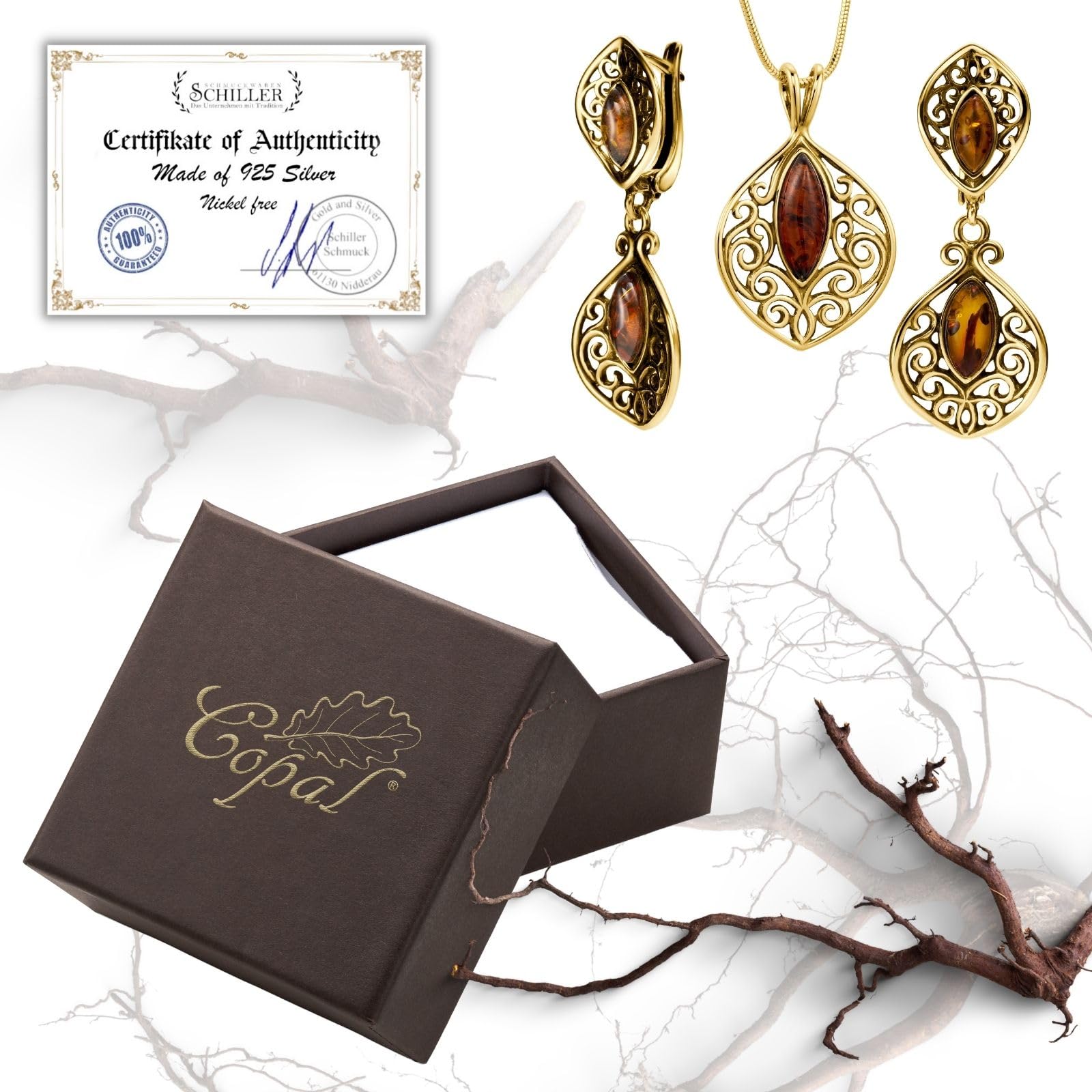 Conjunto De Joyas De Mujer En Plata Dorada Con Ámbar Y Collar Ajustable Estilo Vintage