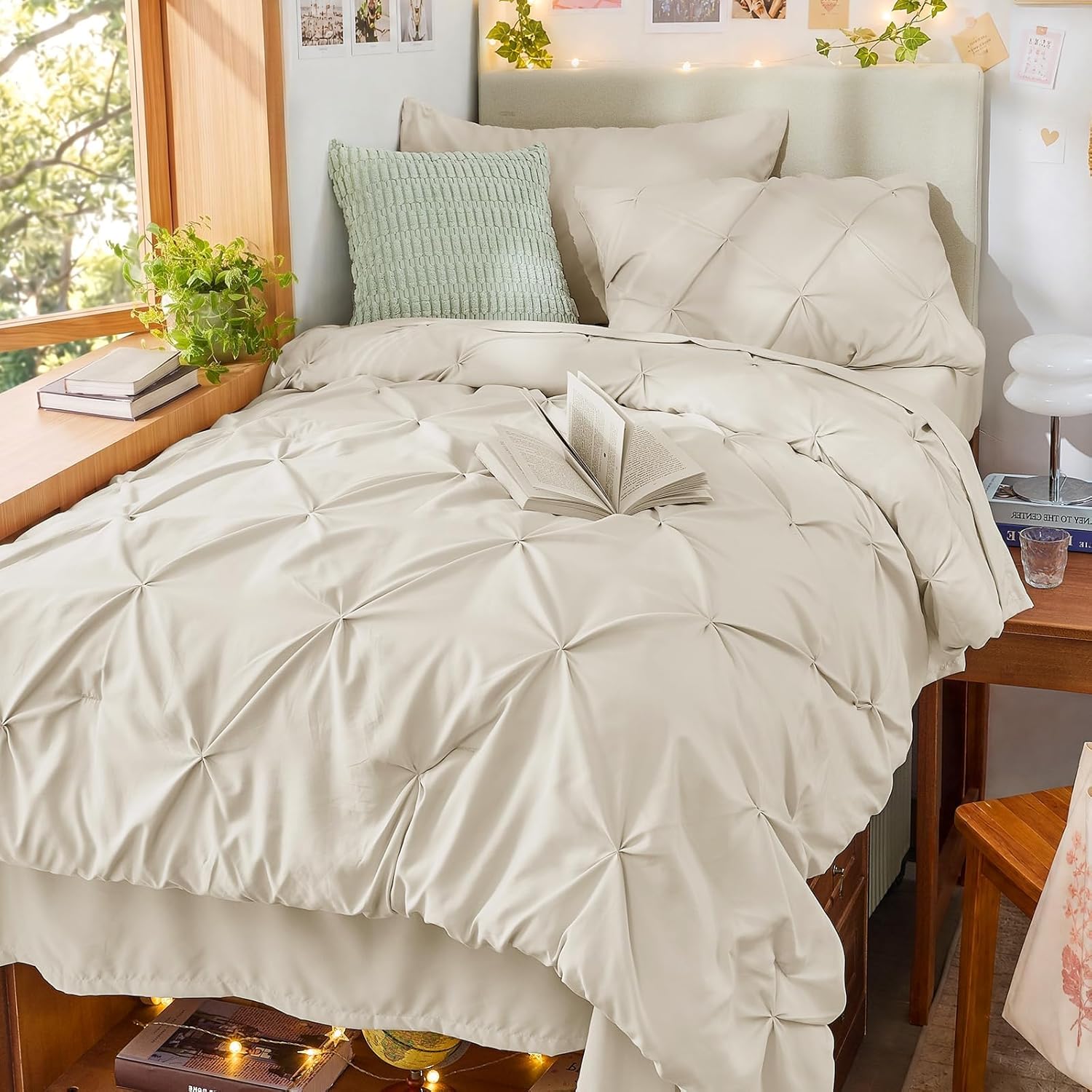 Sasttie Twin XL Comforter Set, 5-Piece Bed in a Bag, Pintuck Bedding Sets for All Season, Includes Comforter, Flat Sheet, Fitted Sheet, Pillowcase and Pillowsham, Beige