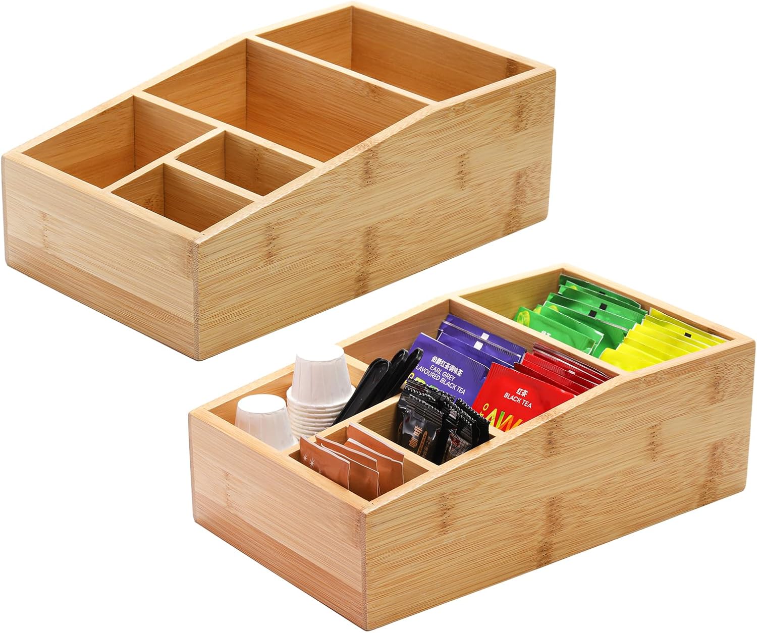 Dicunoy 2 Pack Bamboo Tea Bags Organizer, Wood Coffee Supplies Holder Box, Coffee Condiment Station Storage with 5 Compartments for Sugar Packet, Stirrer, Creamer Singles, Sweetener