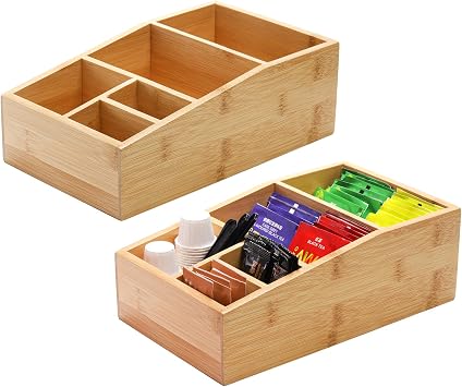 Dicunoy 2 Pack Bamboo Tea Bags Organizer, Wood Coffee Supplies Holder Box, Coffee Condiment Station Storage with 5 Compartments for Sugar Packet, Stirrer, Creamer Singles, Sweetener