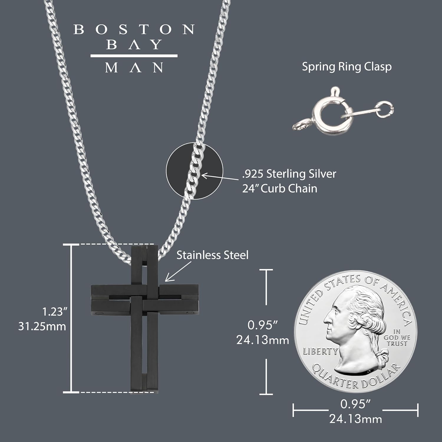 Men's Cross Pendant Necklace in 316L Stainless Steel Interlocking Woven Cross on 24” Curb Chain, Choice of Color