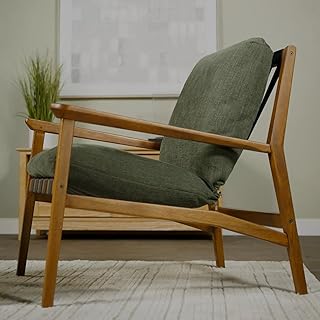 Grain Wood Furniture Solid Wood Mid Century Lounge Chair with Moss Green Cushions