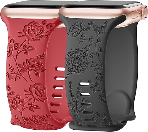 Paquete de 2 correas de silicona grabadas con estampado floral compatibles con Apple Watch Band de 1.575 pulgadas, 1.732 pulgadas, 1.496 pulgadas, Paquete de 2 correas de silicona grabadas con estampado floral compatibles con Apple Watch Band de 1.575 pulgadas, 1.732 pulgadas, 1.496 pulgadas,