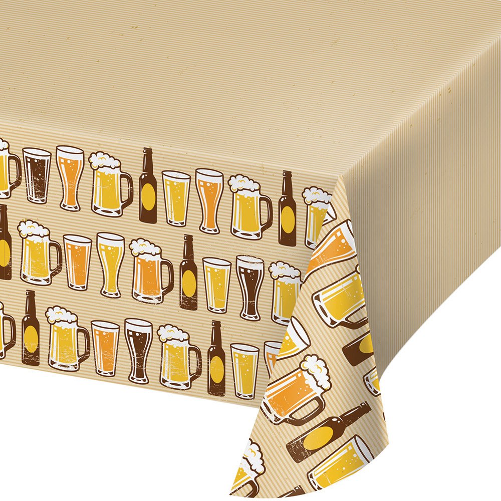 Creative Converting324453 Cheers & Beers Plastic Border Print Tablecover, 54" x 102", Ivory