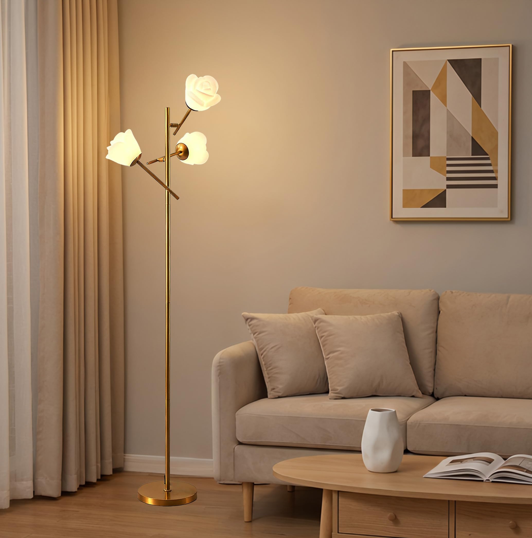 Fiqevs Mid Century Modern Floor Lamp with 3 Adjustable Flower Shade - Floral LED Standing Light with Foot Switch &amp; Light Bulb, Sputnik Tree Lamp for Living Rooms Bedrooms - Antique Brass/Gold