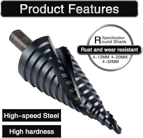 Miniatura 5 de Juego de 3 brocas escalonadas en espiral con 0.157-0.472 in/0.157-0.787 in/ 0.157-1.260 in, total 32 tamaños, cono hexagonal de 1/4 de pulgada,