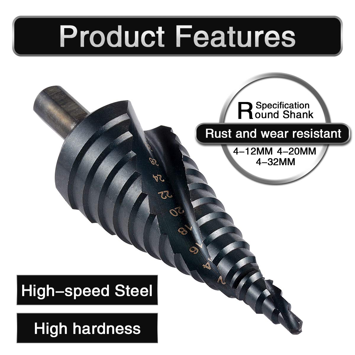 3 Packs Spiral Step Drill Bit Set with 4-12mm/4-20mm/ 4-32mm, Total 32 Sizes, 1/4" Hex Shank Cone Titanium Coated High Speed Steel, Multi-Functional Industrial DIY Metalworking tools