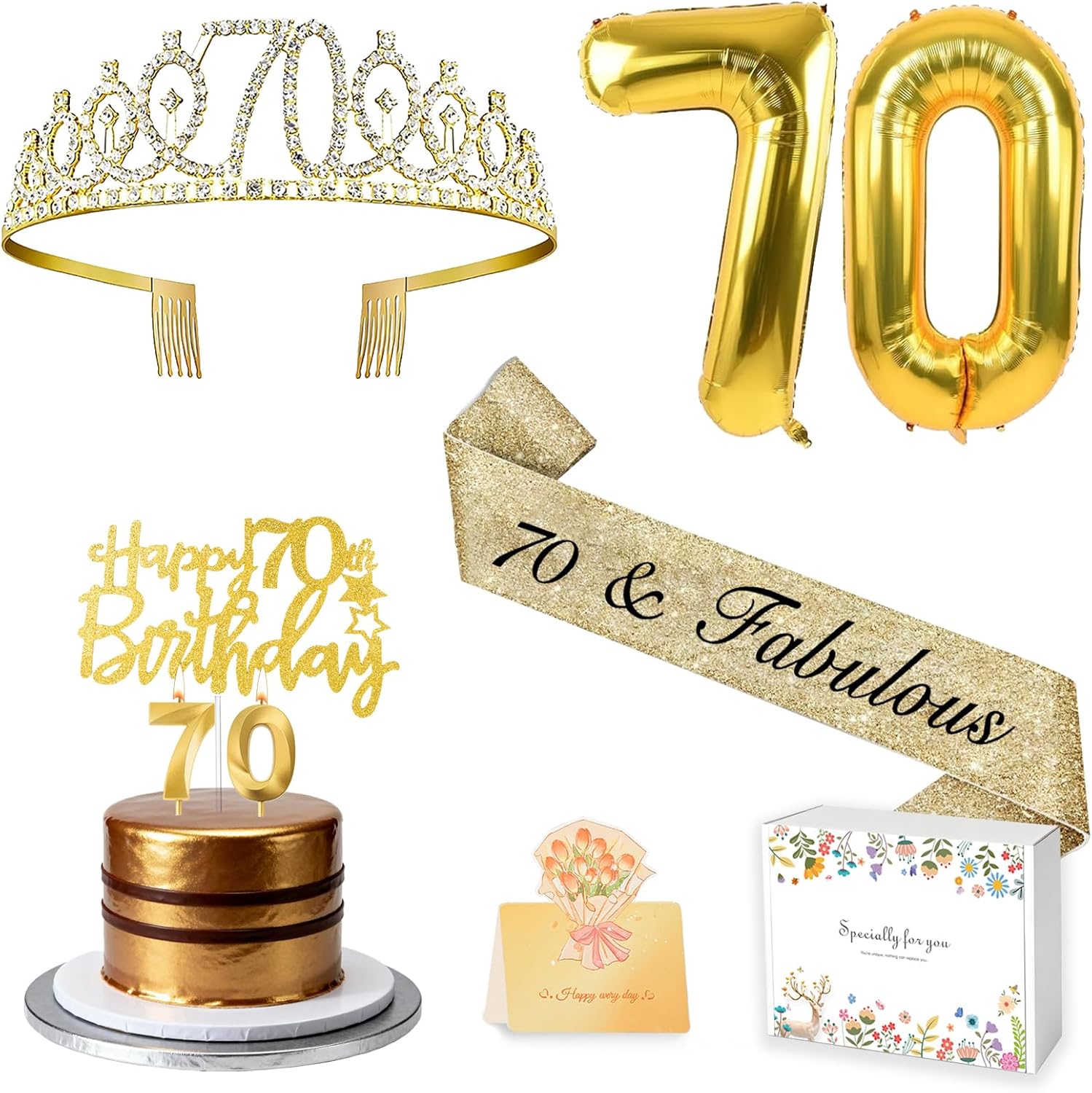 70th Birthday Decorations for Women with 70th Birthday Sash and Crown, Number Balloons, Birthday Card, Cake Topper and Candles, 70 Year Old Female Gifts for Her, Gold