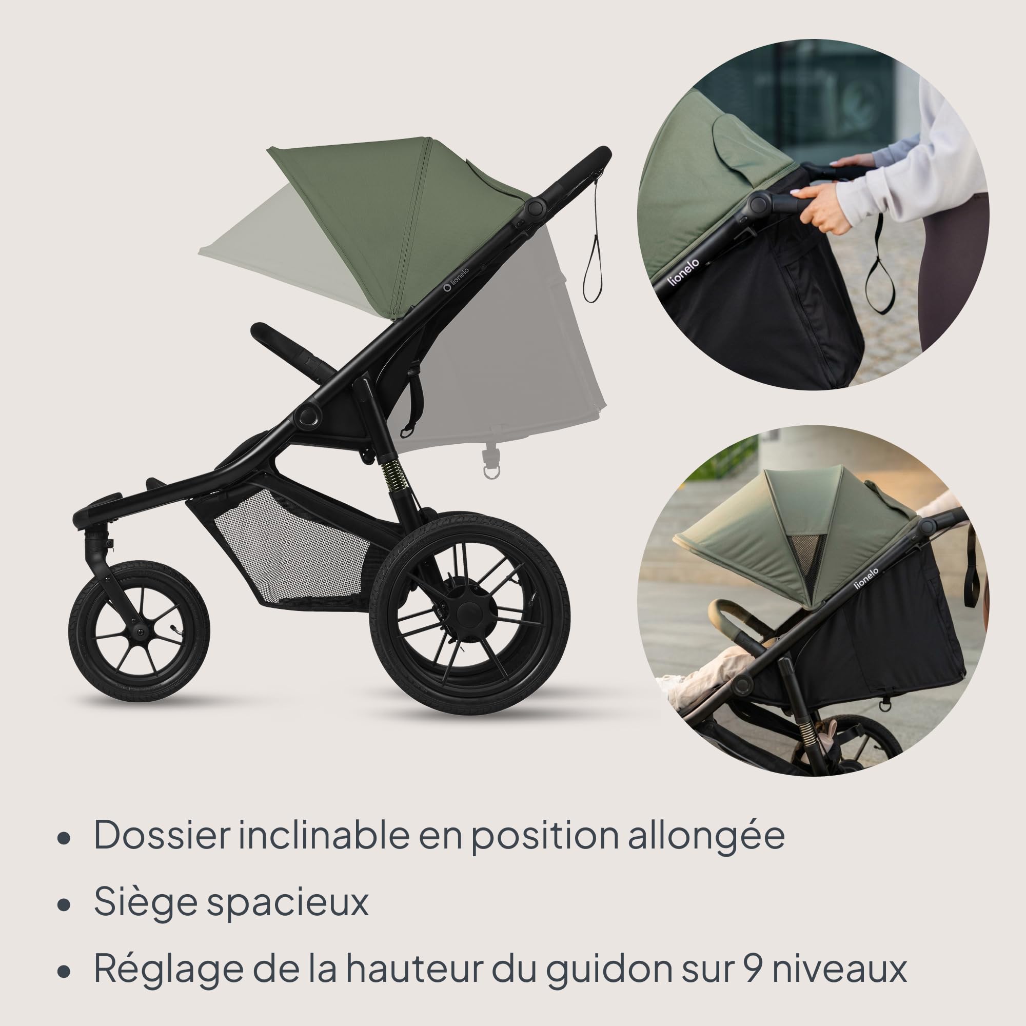 LIONELO AZURA Poussette Bébé de jogging de 6 mois à 22 kg Poussette 3 Roues de jogging Dossier Réglable pour Position Allongée Grandes Roues Gonflables Amortissement Complet Auvent XXL (Green)