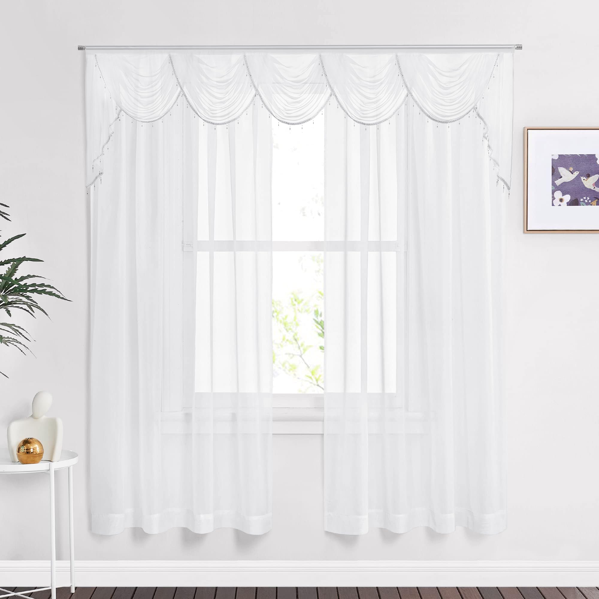 NICETOWN 2 Panels 60" x 72" Rod Pocket White Sheer Curtains with 1 Piece Rod Pocket 110" x 40" White Waterfall Sheer Valance