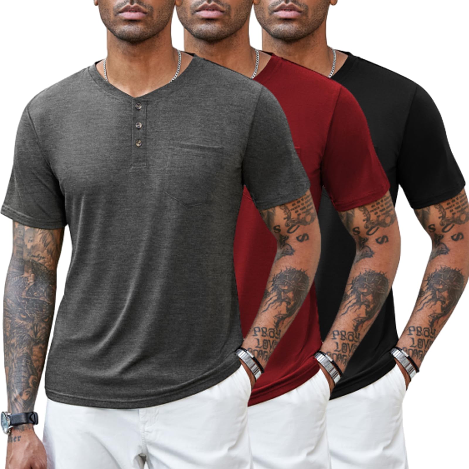 COOFANDY Herren T-Shirt Henley Kurzarm Shirt 3er Pack mit Brusttasche Männer Sommer Oberteile Basic Tops