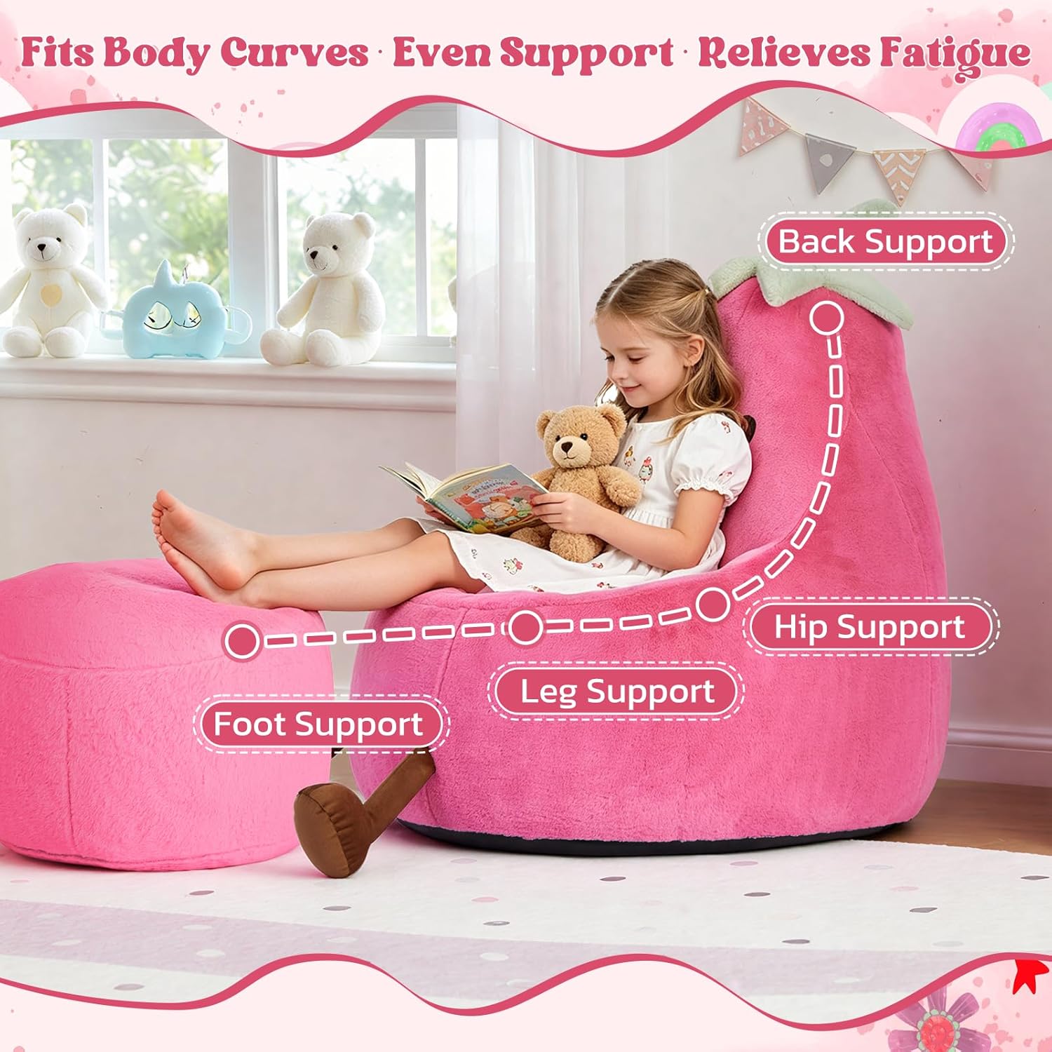 2FT Memory Foam Bean Bag Chair - Ultra Soft Faux Rabbit Fur Round Sofa with Handle & Machine Washable Cover, Comfy Lazy Chair for Kids Teens, Perfect for Reading Gaming in Living Room Bedroom，Magenta
