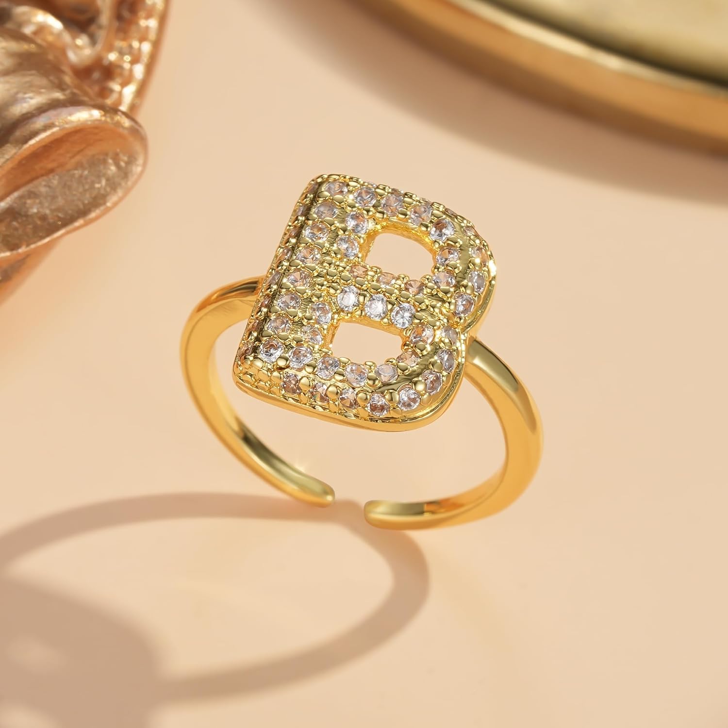 Gold Bubble Letter Ring for Women, 14K Gold Plated Thin Band Initials Rings - Dainty letters Stacking Rings with CZ, Adjustable Pinky Jewelry - Image 6