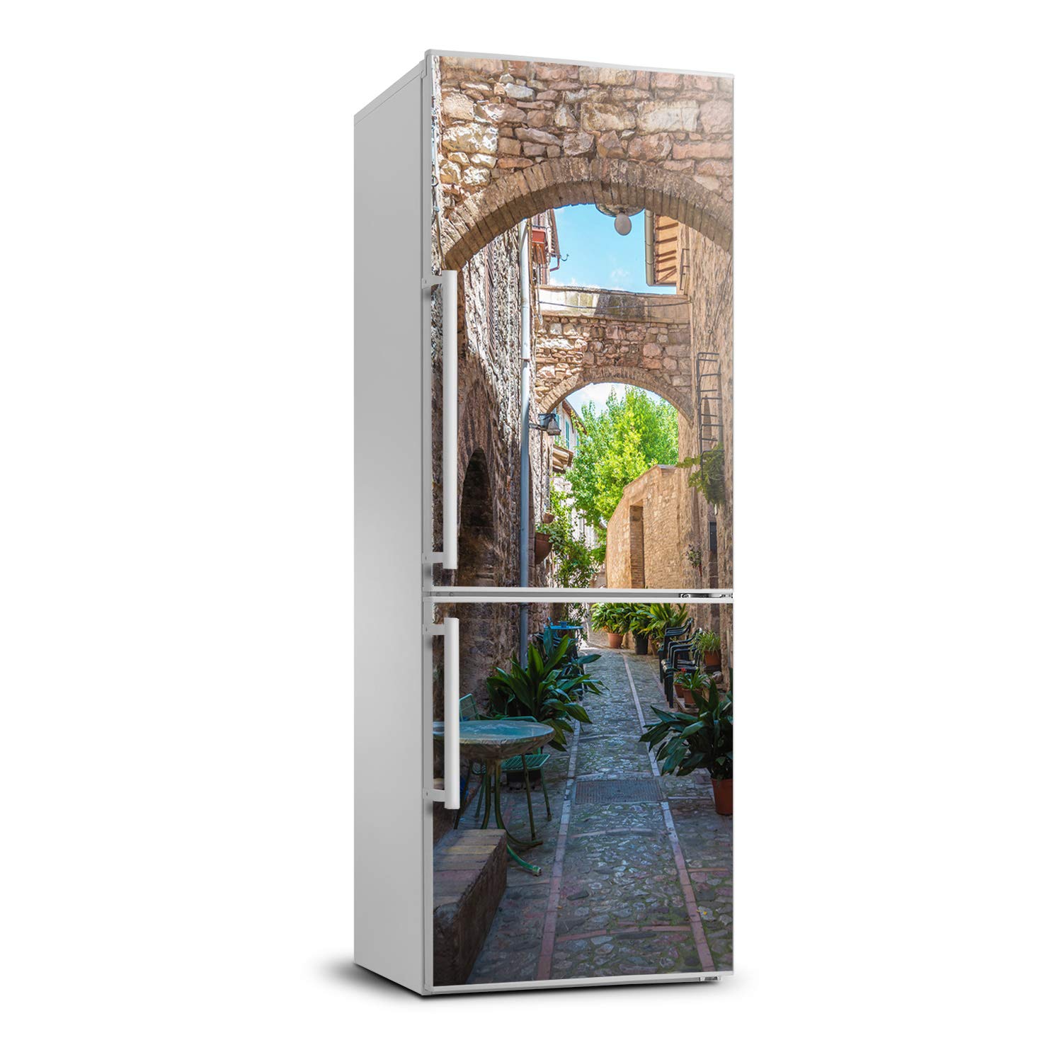 Autocollant frigo 70x190cm au motif de rues italiennes pour une cuisine évasion