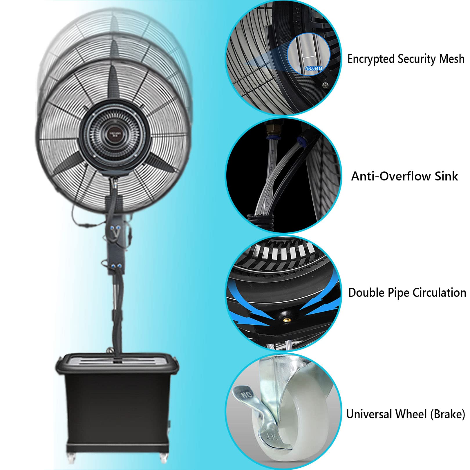 Ventilador oscilante de Pedestal con nebulización, Ventilador de refrigeración para Exteriores de 3 velocidades para Patio, Restaurante, fábrica