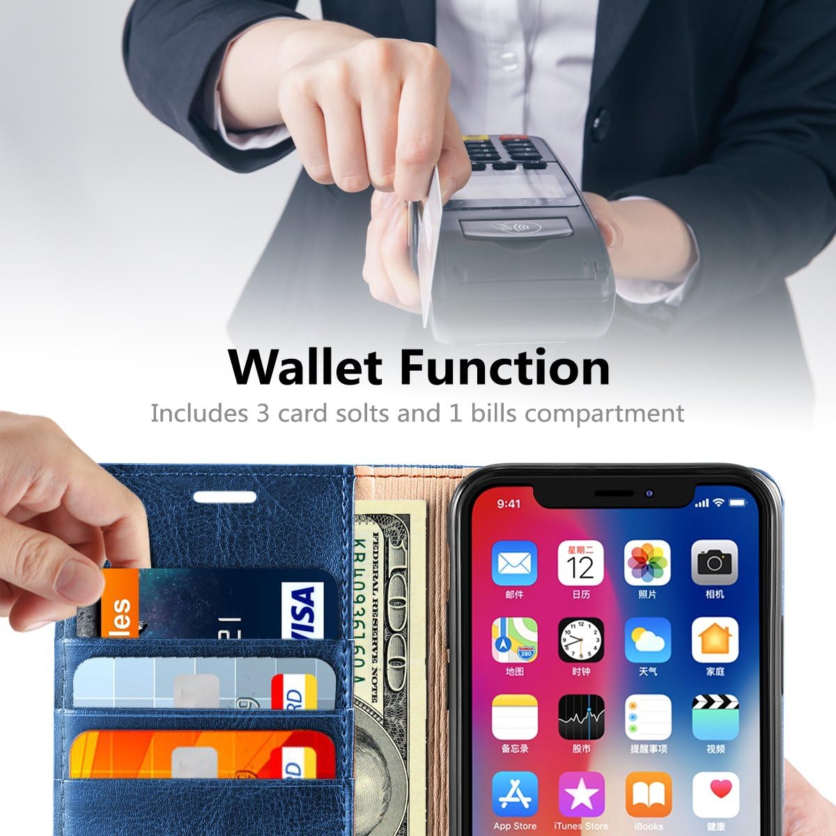 Belemay Compatible with iPhone 11 Pro Wallet Case, [Genuine Cowhide Leather Case] Folio Book Flip Cover Card Holder Slots, Kickstand, Cash Pockets (5.8-inch), Blue