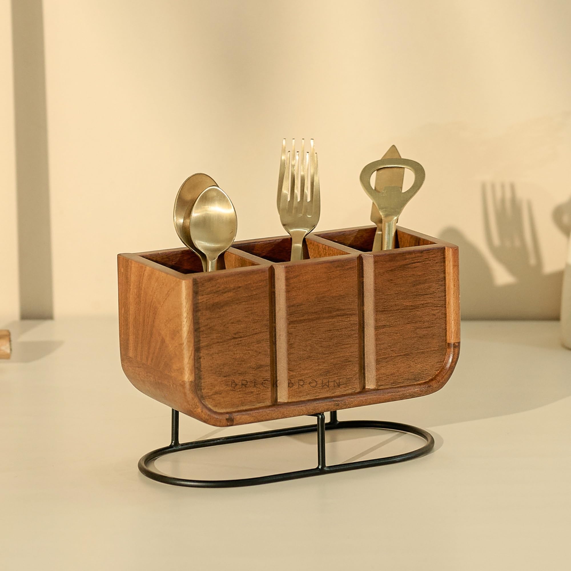 Premium Ark Cutlery Holder | Spoon Stand for Kitchen & Dining Table | Cutlery Stand & Tabletop Cutlery Box | Spoon Holder Caddy Organiser with 3 Section Wood & Metal (8.3x4x5.5 inch)