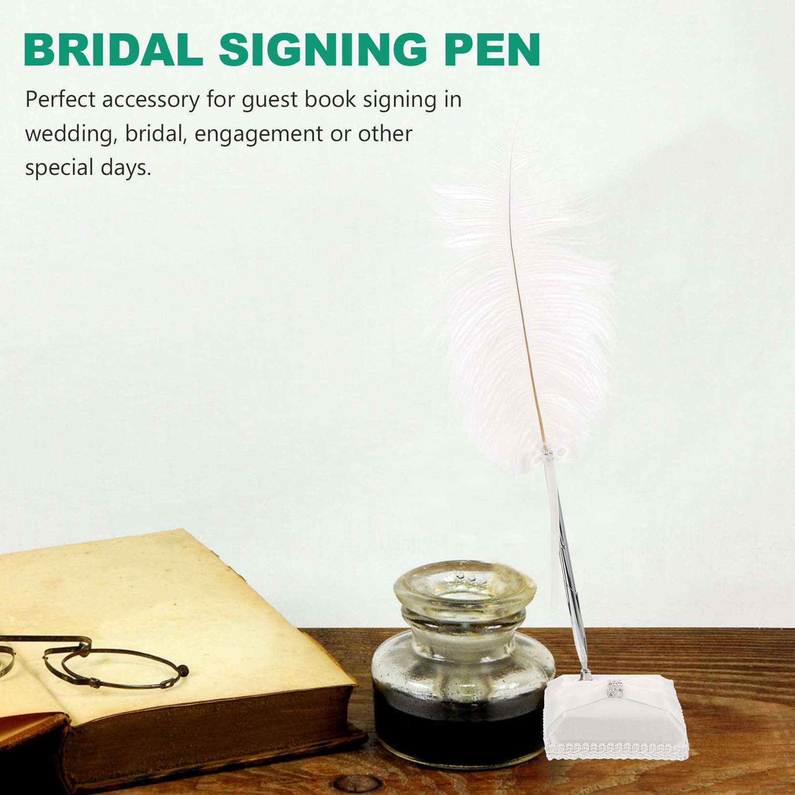 Lurrose Penna Elegante da Scrittura con Piuma D'autrucchetto Bianca, Decorata con Strass, in Metallo e Tessuto Lucido, con Pratico Supporto per Occasioni Speciali come Matrimoni