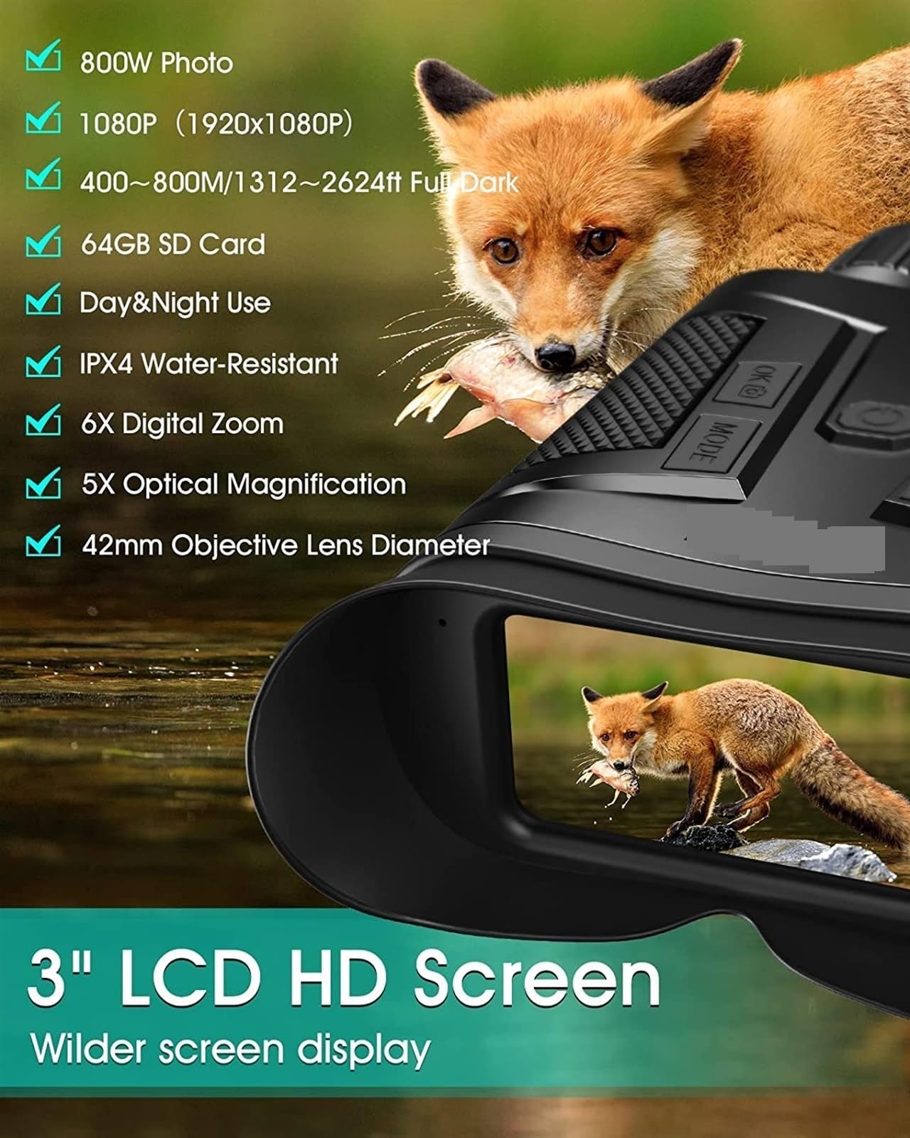Gogle noktowizyjne Lornetka noktowizyjna Googles 64G 1080P 800M Dark Review 8X cyfrowe 5X urządzenie z powiększeniem optycznym do polowania na dziką przyrodę
