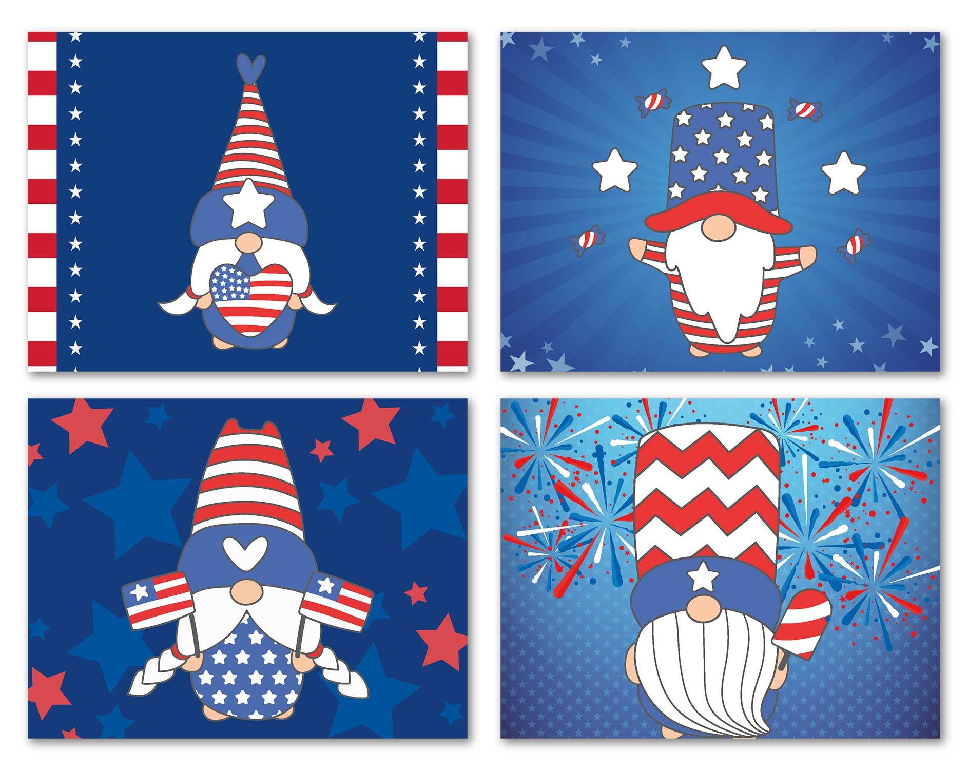 Small World Greetings 4th of July Gnome Greeting Cards 12 Pack – Patriotic Cards Blank Inside with Envelopes – Independence Day, Memorial Day,