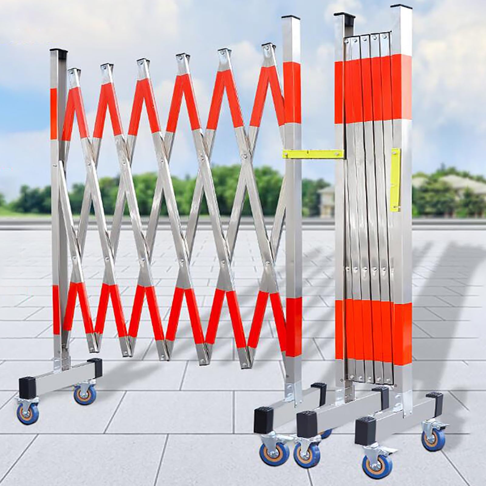 Barrière de chantier Barrière Mobile Extensible Barrière de Circulation Pliable Barrière Acier inoxydable Avec roulettes Convient aux chantiers de construction, aux parkings et aux rues, etc(1
