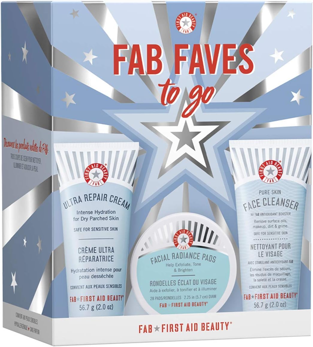 First Aid Beauty FAB Faves to Go Kit: Travel Size Face Cleanser, Exfoliator Pads and Moisturiser