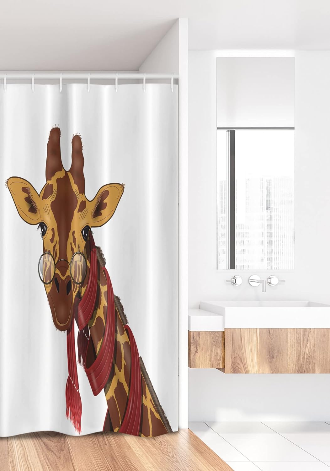 Ambesonne Cartoon Stall Shower Curtain, Illustration of Giraffe Wearing Glasses in a Red Scarf Smart Looking Fun Art, Fabric Bathroom Decor Set with Hooks, 36" W x 72" L, Redwood Marigold