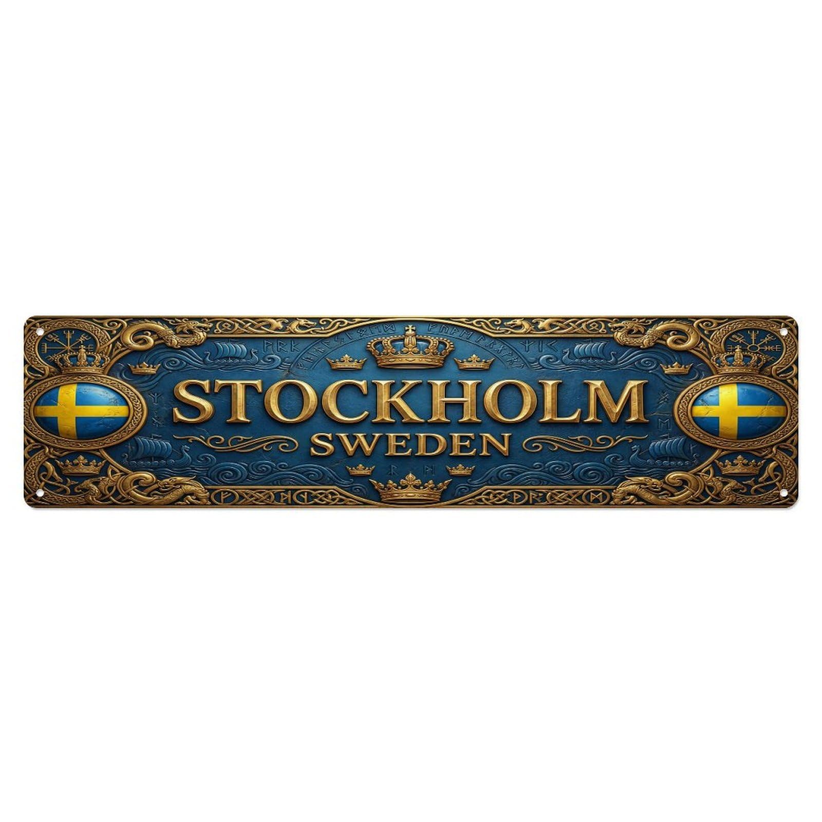 Olhnbad 4X16inch(10X40cm) Vintage Stockholm Sweden Flag Pattern Metal Tin Sign