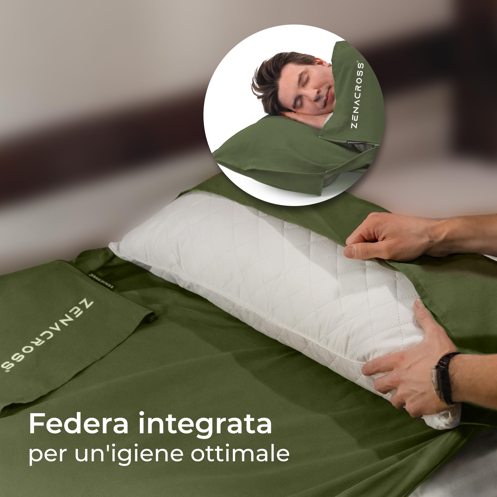 Zenacross - Sacco Lenzuolo da Viaggio - Sacco Letto Singolo Ultraleggero e Compatto - 100% Cotone - Saccoletto con Scomparto per Cuscino - Sacco Lenzuolo Cotone Singolo