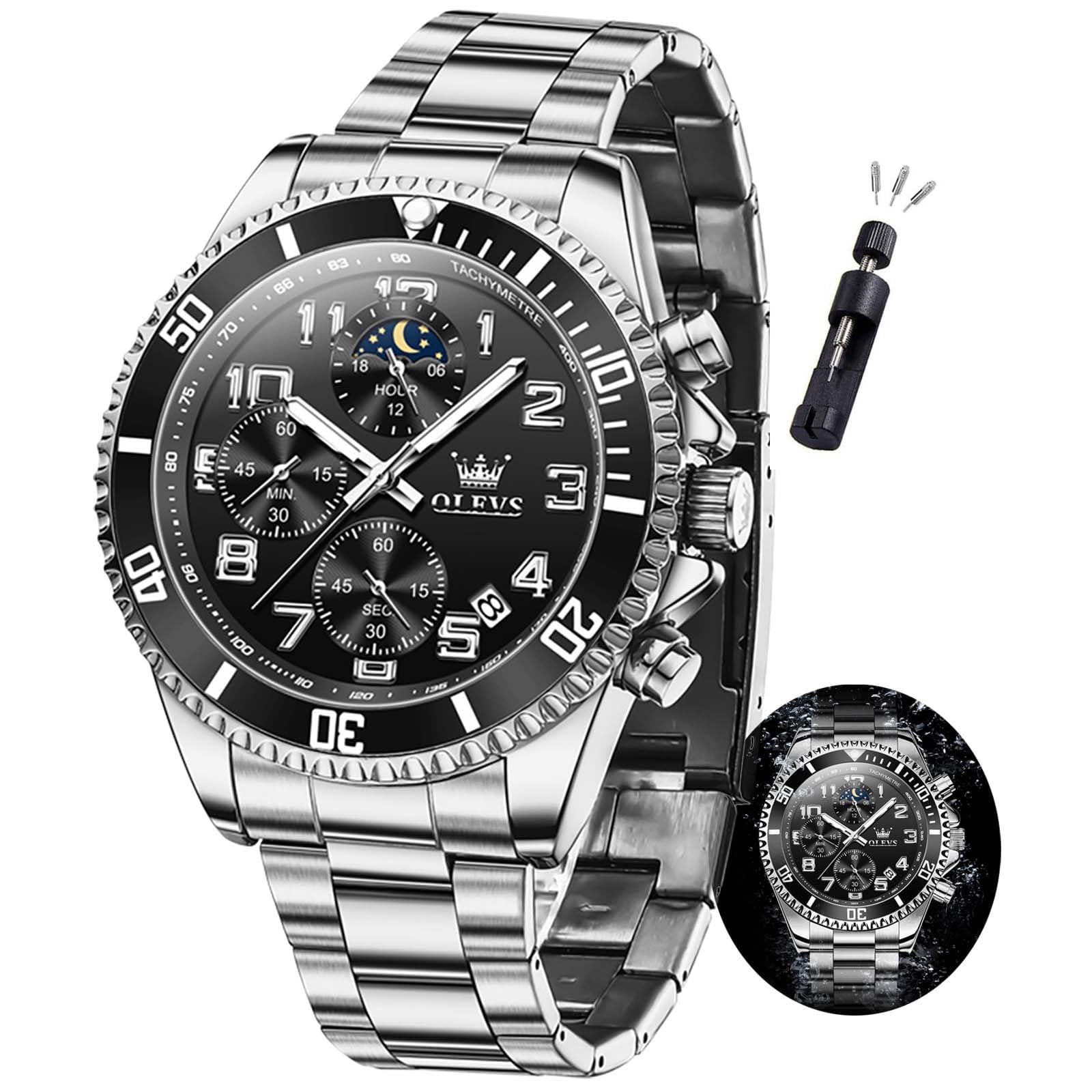 Watch Men Luxury Chronograph Stainless Steel Wrist Dress Waterproof Watch Quartz Analog Large Face Luminous