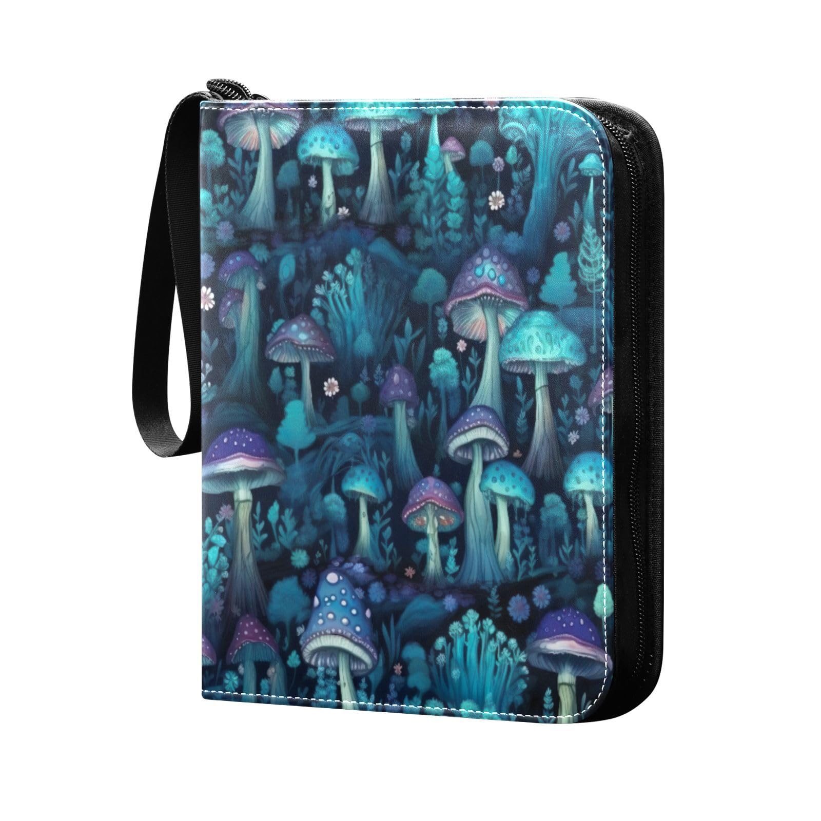 GOODOLD Blue Mushrooms Card Binder 4-Pocket, 400 Pockets Card Holder with 50 Removable Sleeves and Zipper for Games Baseball Football Sports Card