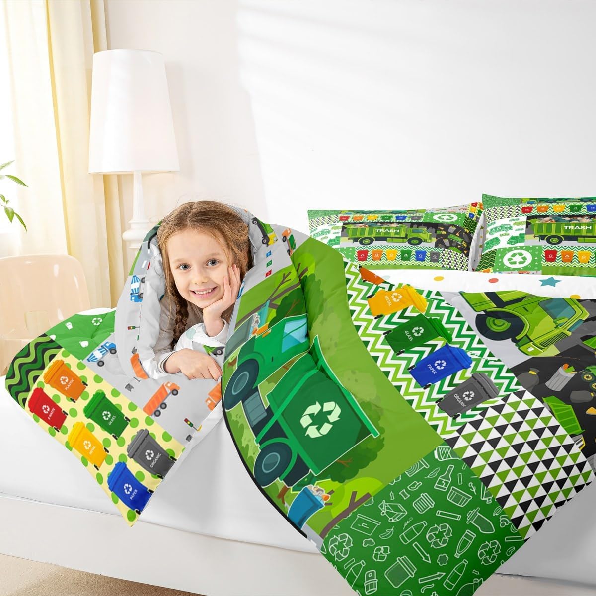Cartoon Garbage Truck Bedding Comforter Sets Twin,Colorful Trash Can Cute Green Cars Trees Bedding Set for Bedroom,Watercolor Abstract Stripes Geometric Art with 1 Comforter and 1 Pillowcase