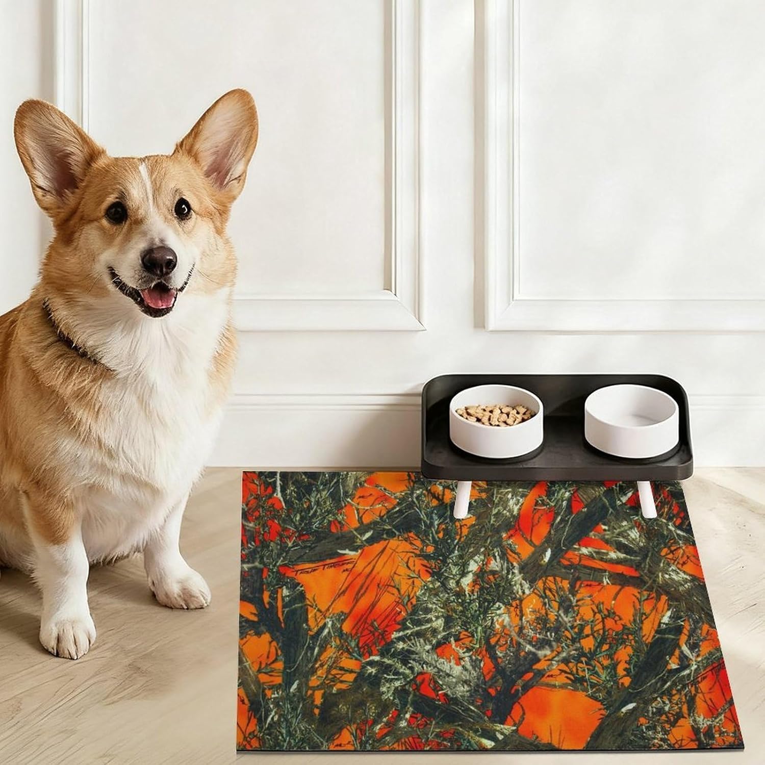 Orange Camouflage Pet Feeding Mat Dog Cat Food Placemats for Water Bowl Non Slip