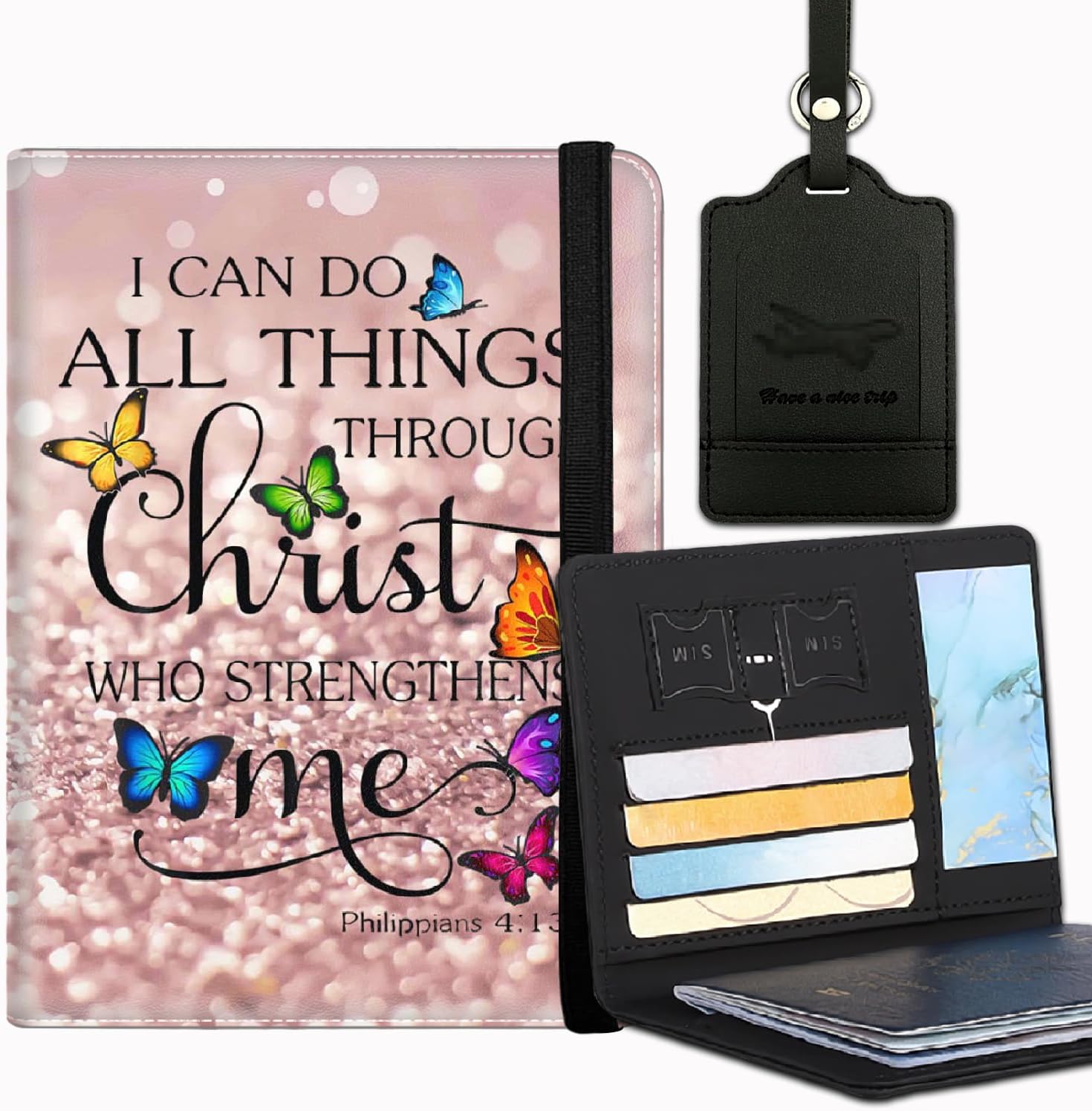 Passport Cover and Luggage Tag Set, PU Leather Passport Case Holder Travel Suitcase Tag,Travel RFID Blocking Passport Cover Passport Wallet for Women Men,Bible Verse Pink Phil 4-13 Butterfly Passport Cover and Luggage Tag Set, PU Leather Passport Case Holder Travel Suitcase Tag,Travel RFID Blocking Passport Cover Passport Wallet for Women Men,Bible Verse Pink Phil 4-13 Butterfly