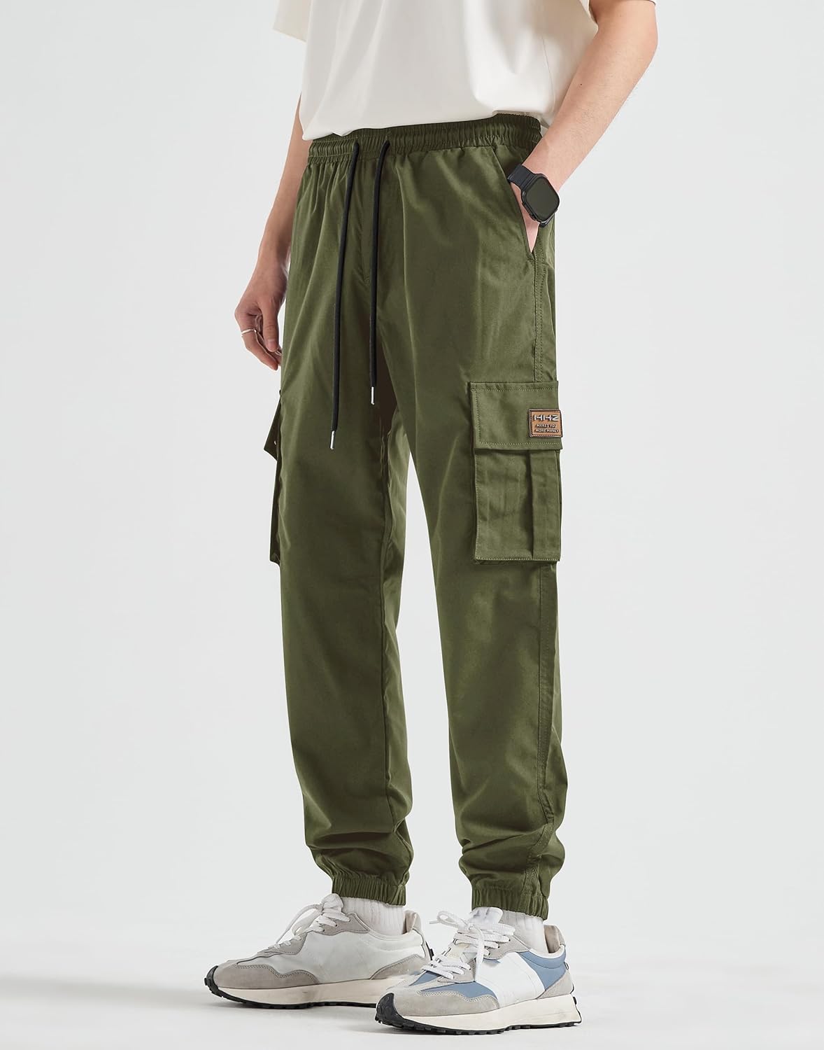 HHZ Men's Relaxed Fit Cargo Pants Drawstring Stretchy Elastic Waist Work Casual Pants with Zipper Pockets - Image 2