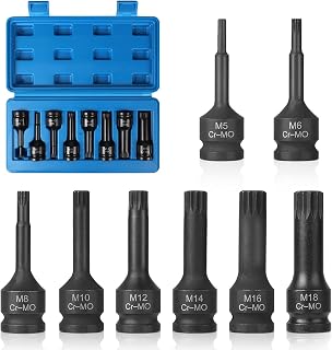 EFUTURETIME Set of 8 XZN Socket 1/2" M5, M6, M8, M10, M12, M14, M16, M18 Long Impact Sleeve with Box, 12-Sided CR-MO Bits