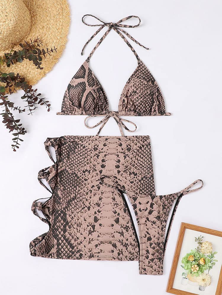 FCYYUETY 3 Pcs Crisscross Side Open Dress Sexy Scoop Neck Straps Bandeau Bikini Snakeskin Liquid Metallic Thong Swimsuit4