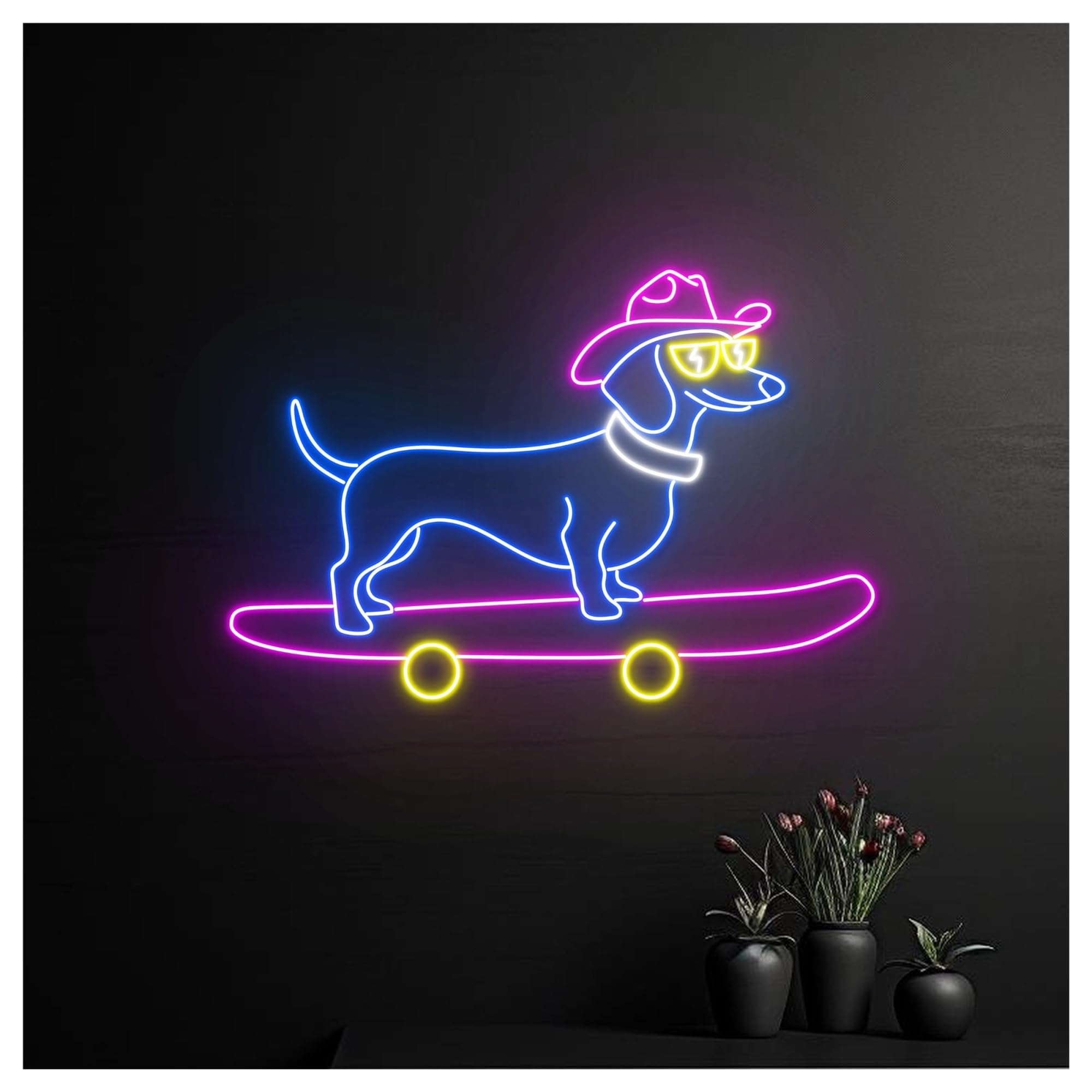 SHOUXI Sign Lamp Cowboy Dachshund Dog Skateboarding Neon Sign, Suitable for House Decor with Dimmable 50cm