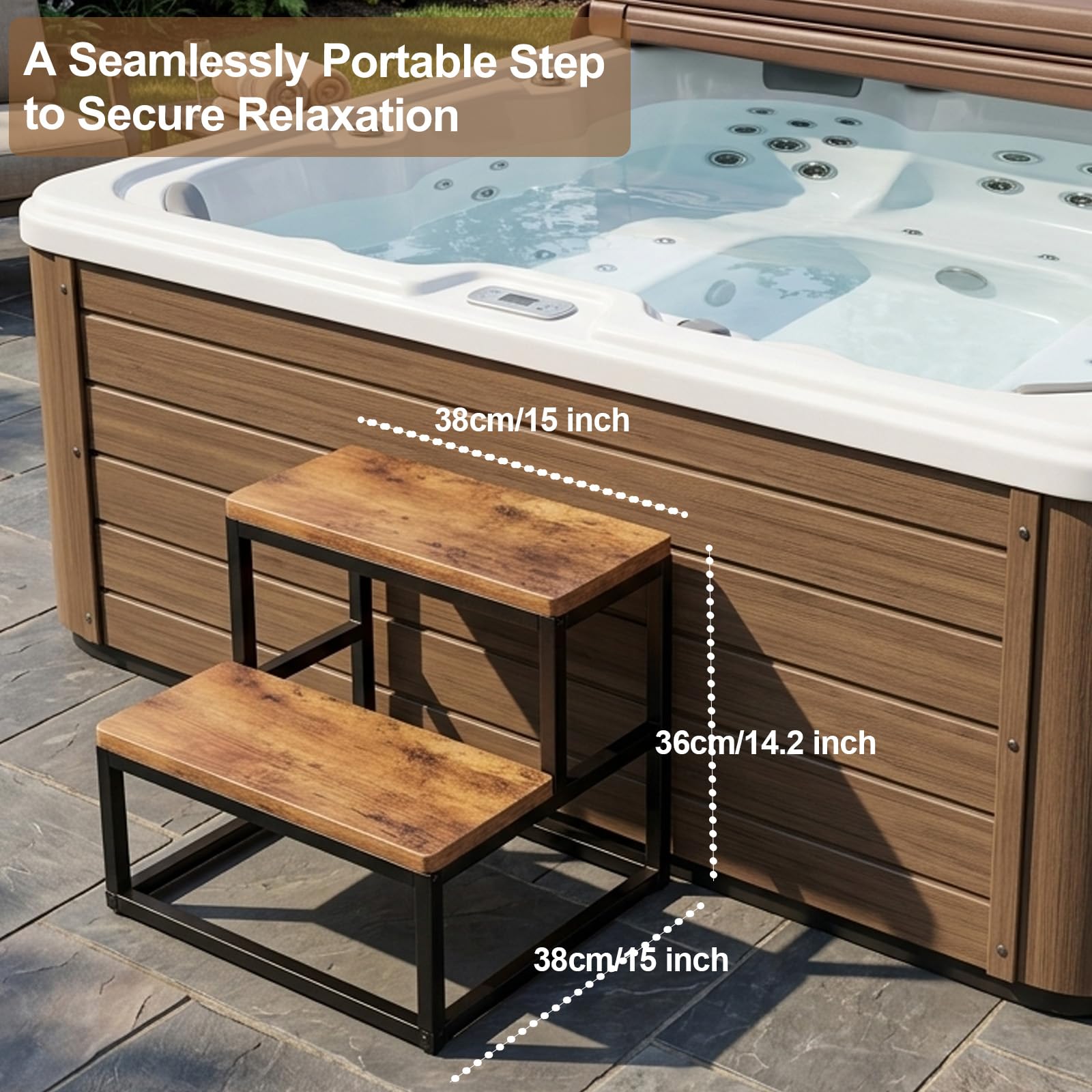 Whirlpool Treppe, rutschfeste Spa-Stufen 226KG/500lbs Kapazität Pooltreppe Universal Heavy Duty 2-Tier Spa & Hot Tub Step für Verschiedene Arten von Whirlpools, Massivholzfarbe