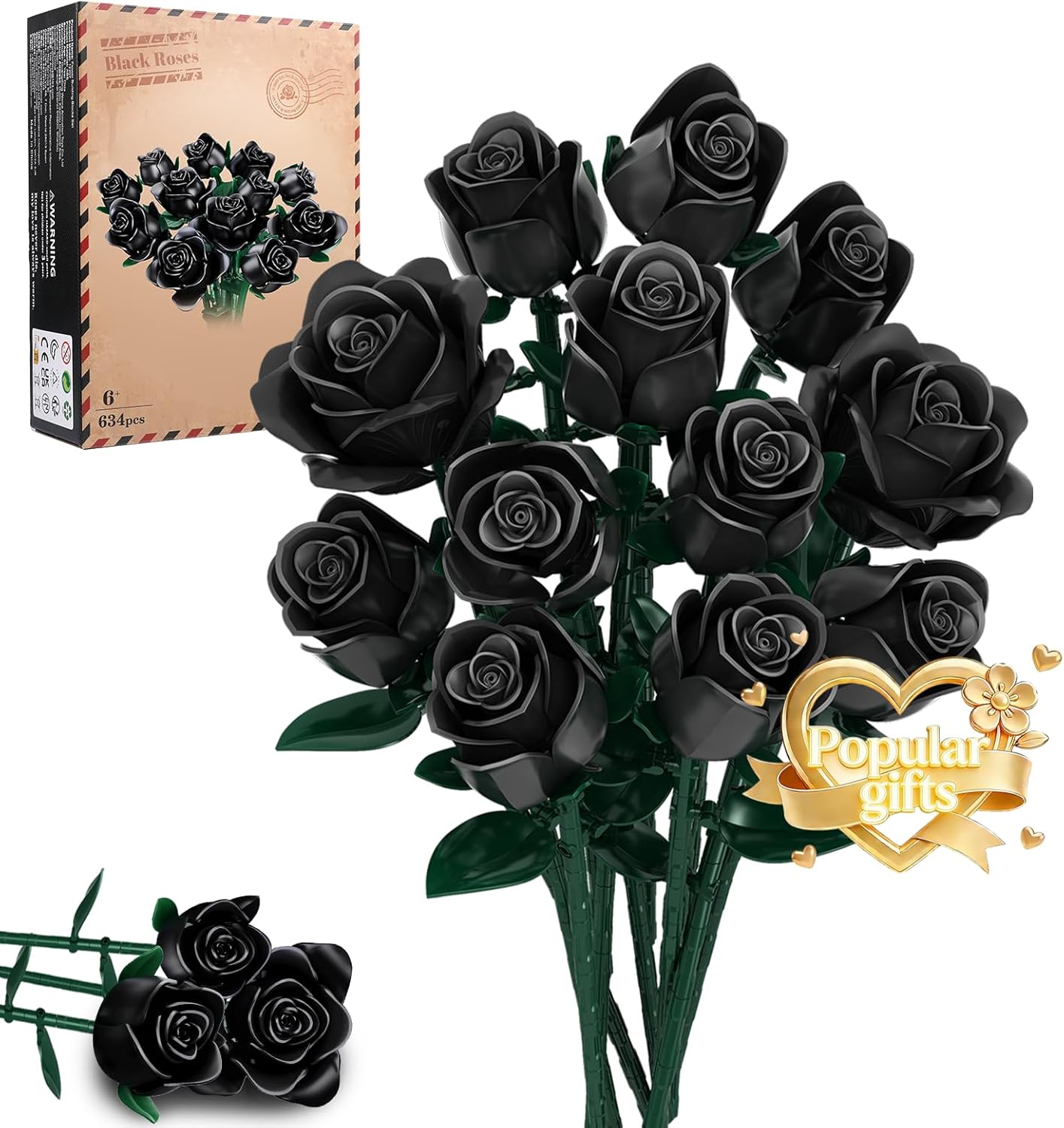 Mother's Day Black Rose Building Blocks Bouquet, 634 PCS Artificial Flower Botanical Collection Building Set, Educational Toys for Girls Kids, Gift for Women Wife Adults