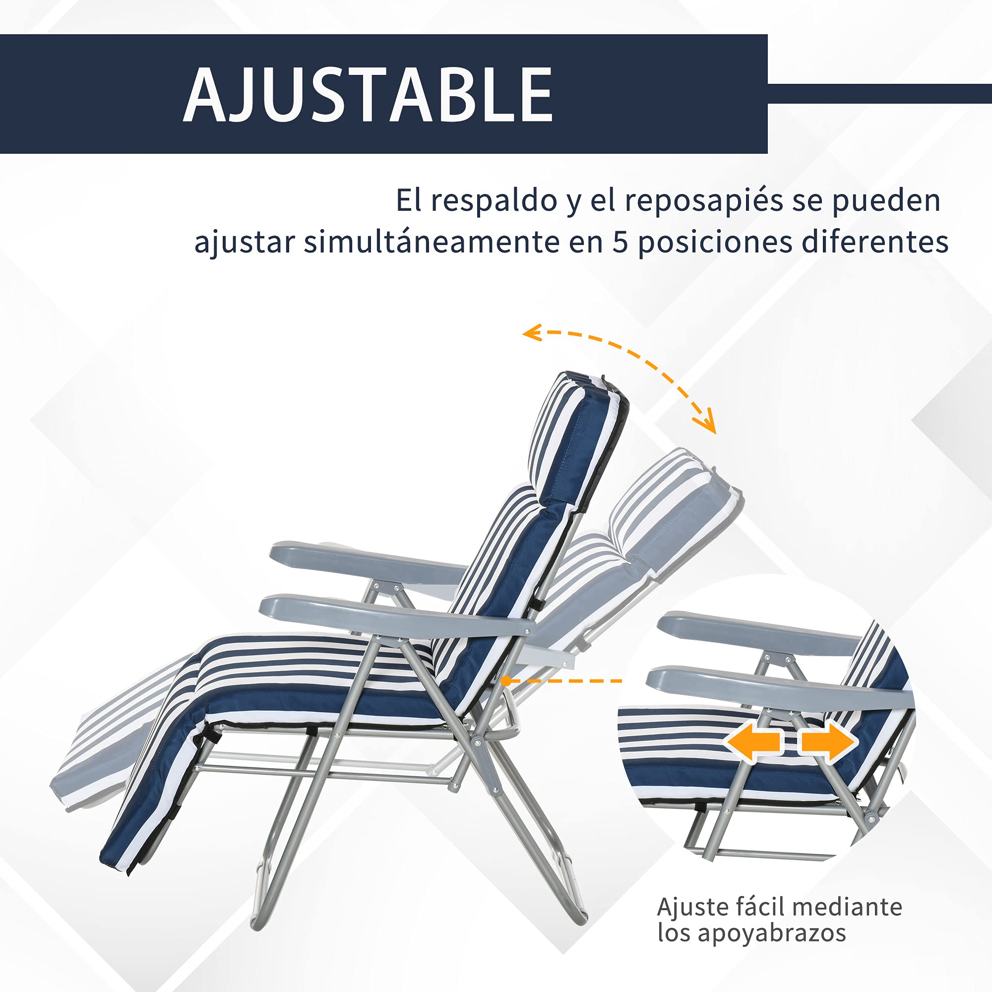 Outsunny Pack de 2 Tumbonas Plegables Tumbonas de Jardín Exterior con Cojín Acolchado, Respaldo Ajustable en 5 Posiciones, Reposapiés y Marco de Acero, 60x75x65-102 cm, Azul y Blanco