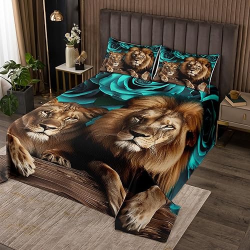 Erosebridal Juego de edredón de león, color turquesa, verde azulado, rosa para mujeres y hombres, juego de colcha de flores de animales salvajes,